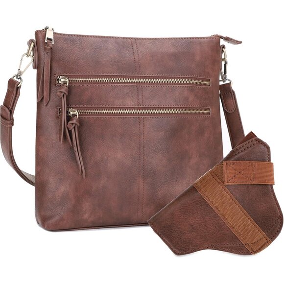Women Large Concealed Carry Purse Vegan Leather Brown Multi-Pocket Crossbody Sty - Picture 1 of 6